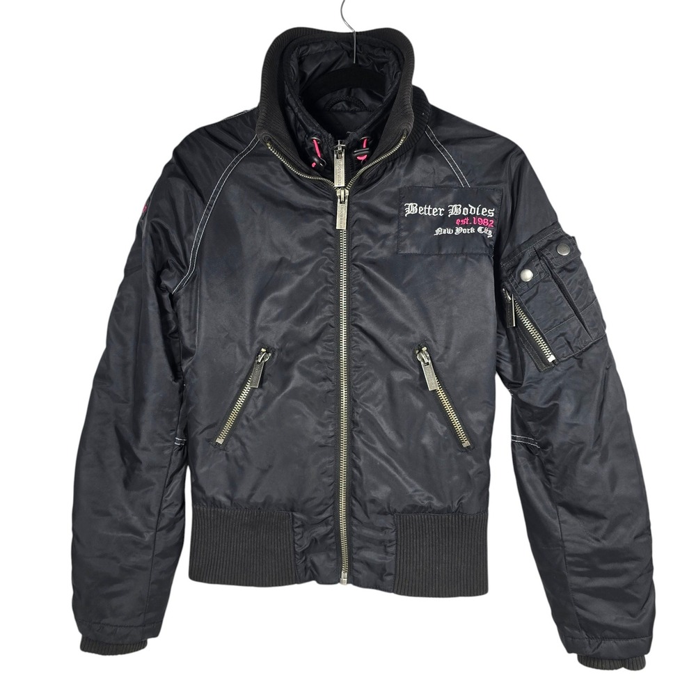Better Bodies Womens‎ Black Nylon Bomber Jacket Double Zip Utility Moto Small